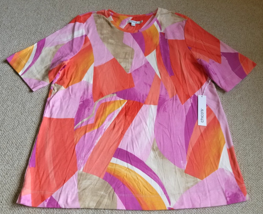 NWT Womens Top-CHICO'S-'Nectarine' pima cotton 'Abstract Everyday Tee'-3 (14/16)